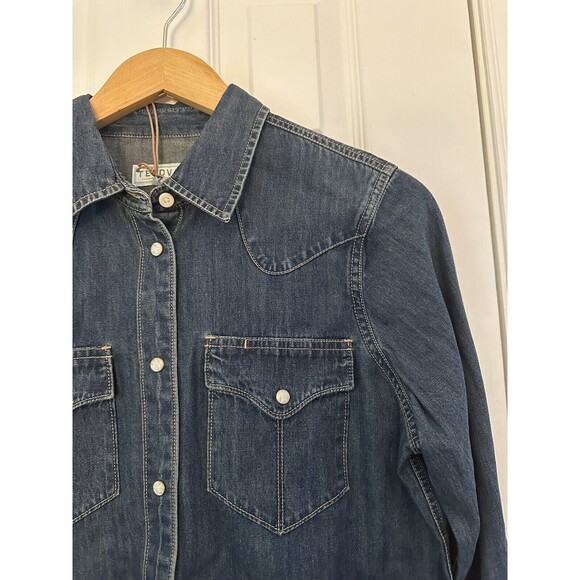 TECOVAS Womens Denim Shirt Small Button Up Long Sleeve Dark Wash Pearl Snap - Picture 3 of 6
